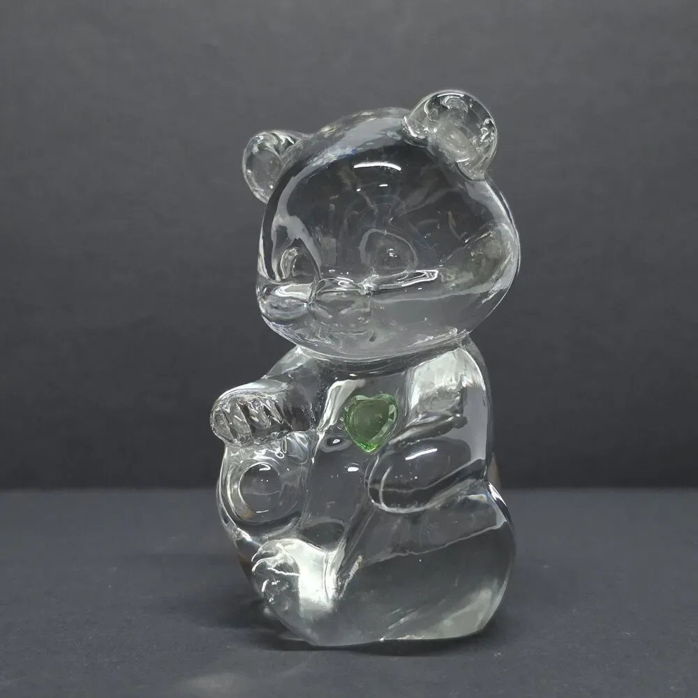 Fenton Art Glass Birthday Clear Teddy Bear August Green Uranium Heart